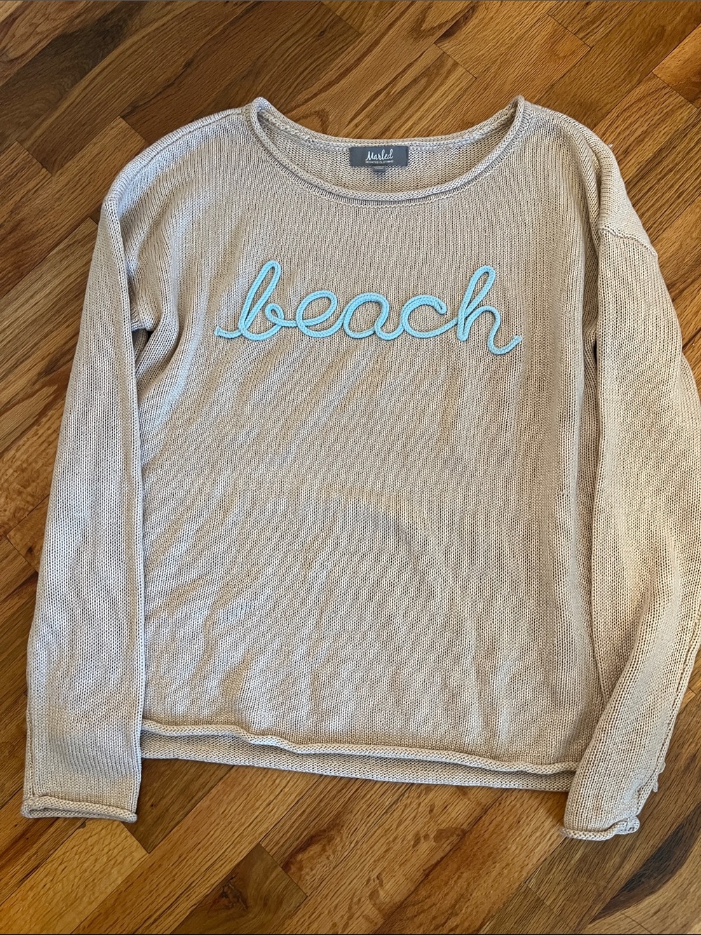 Beige Crewneck Sweater with Light Blue "beach" Embroidery